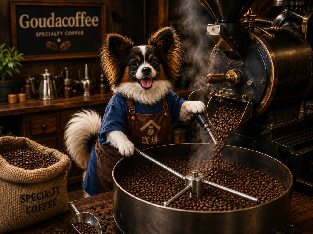 GOUDA COFFEE ROASTERYのマスコット犬がコーヒーを焙煎しているイラスト